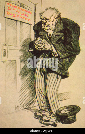 A German World War Two propaganda cartoon lampooning Winston Churchill stanging outside a door during a meeting between Joseph Stalin and Franklin D. Roosevelt, during the Tehran Conference from 28 November to 1 December 1943, after the Anglo-Soviet Invasion of Iran. It was held in the Soviet Union's embassy in Tehran and was the first of the World War II conferences of the 'Big Three' Allied leaders (the Soviet Union, the United States, and the United Kingdom). Stock Photo