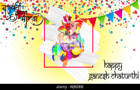 Lord Ganesha Festival Greeting Card Design Element With Party Flag & Confetti. Graphic.Drawing.Ganesha Painting. Creative. Sketch. Paint Brush stroke. Stock Photo