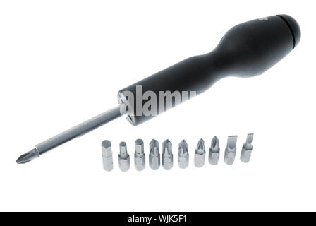 A screw driver and its various bits isolated on white background. Stock Photo