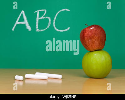 ABC written on a chalkboard. Some chalks and a red apple over a green one on the foreground. Stock Photo