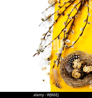 Easter still life of quail eggs and willow branches Stock Photo