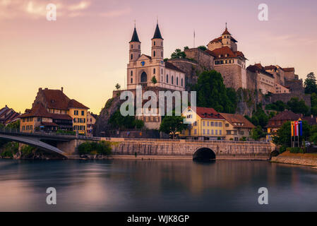 Aarburg Castle and the Aare river in the canton of Aargau, Switzerland Stock Photo
