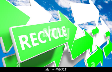 Recycle 3d render concept with green and white arrows flying upwards in a blue sky with clouds Stock Photo