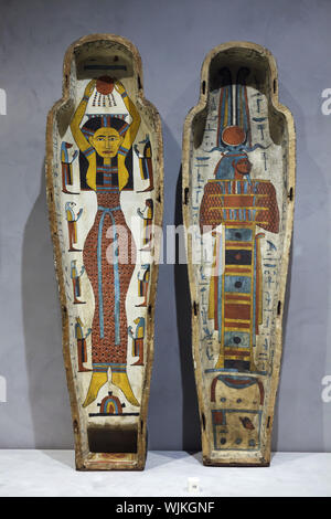 Egyptian anthropomorphic sarcophagus dated from the 26th Dynasty on display in the Museum of Fine Arts (Musée des Beaux-Arts de Lyon) in Lyon, France. The coffin was belonged to Isetenkheb, a daughter of Ankhsyeniset and Roriou, the priest of Amon. Stock Photo