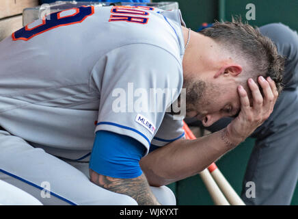 Washington, United States Of America. 03rd Sep, 2019. New York Mets  shortstop Luis Guillorme (13) and third baseman Todd Frazier (21) converse  in the dugout prior to the game against the Washington