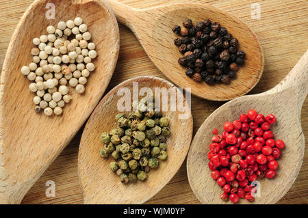 Four kinds of peppercorns in wooden cooking spoons Stock Photo