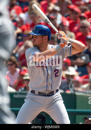 Washington, United States Of America. 02nd Sep, 2019. New York Mets second baseman Joe Panik (2) bats in the second inning against the Washington Nationals at Nationals Park in Washington, DC on Monday, September 2, 2019.Credit: Ron Sachs/CNP (RESTRICTION: NO New York or New Jersey Newspapers or newspapers within a 75 mile radius of New York City) | usage worldwide Credit: dpa/Alamy Live News Stock Photo