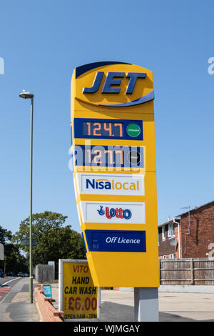 The Sign of a jet garage or petrol station showing the price of Fuel and other services offered in the garage Stock Photo