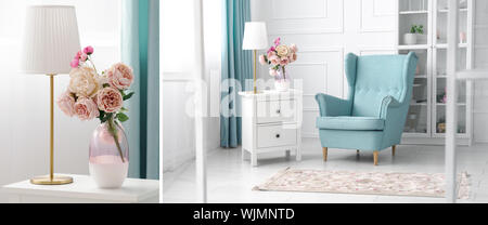 Blue and white theme living room collage - classic armchair and golden table lamp and flowers vase Stock Photo