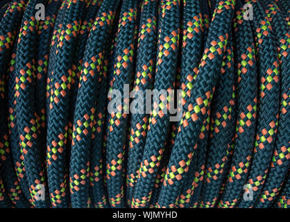 Blue yellow patterned rope reel. Close-up shot Stock Photo