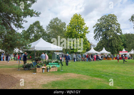 Stalls and flowers on display at the September 2019 Wisley Garden Flower Show at RHS Garden Wisley, Surrey, south-east England Stock Photo