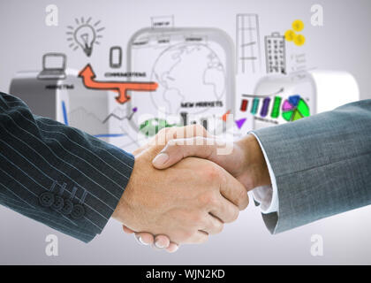Composite image of business handshake against shiny red binary code on black background Stock Photo
