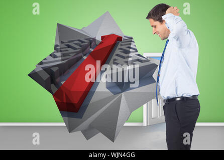 Thinking businessman scratching head against open door on green wall Stock Photo