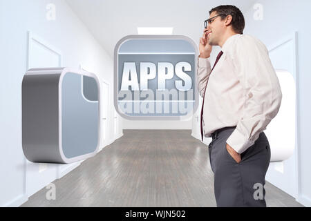 Thinking businessman touching his glasses against bright hallway with several doors Stock Photo