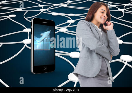 Smiling thoughtful businesswoman against shiny lines on black background Stock Photo