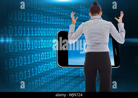 Businesswoman gesturing against shiny blue binary code on black background Stock Photo