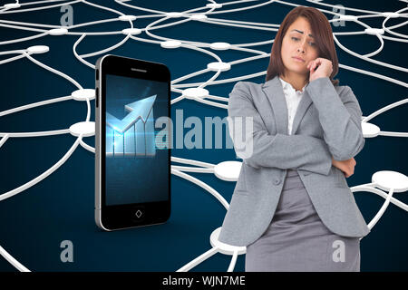 Worried businesswoman against shiny lines on black background Stock Photo