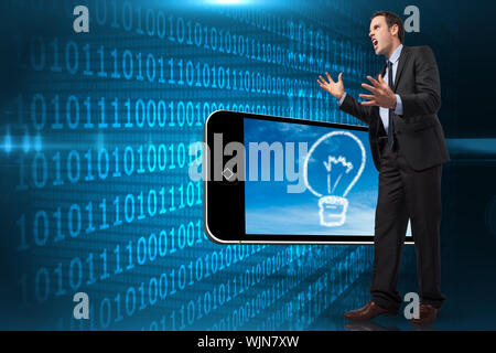 Stressed businessman gesturing against shiny blue binary code on black background Stock Photo