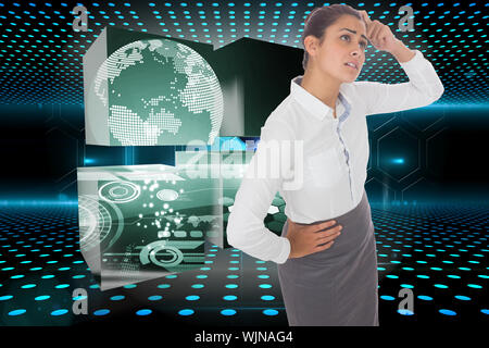 Worried businesswoman against keyhole on technological glowing background Stock Photo