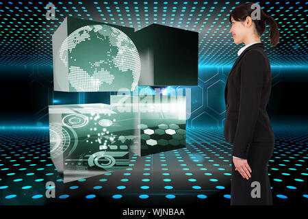 Smiling businesswoman against keyhole on technological glowing background Stock Photo