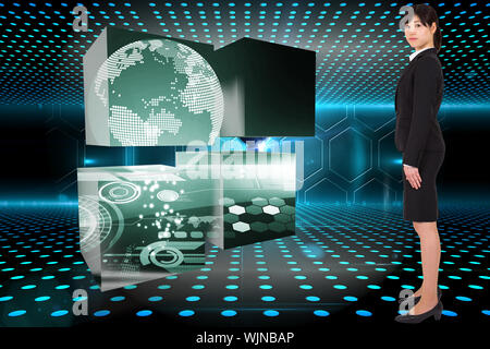 Serious businesswoman against keyhole on technological glowing background Stock Photo