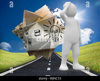White character thinking against digitally generated earth floating over street Stock Photo