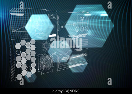 Technology interface against shiny hexagons on black background Stock Photo