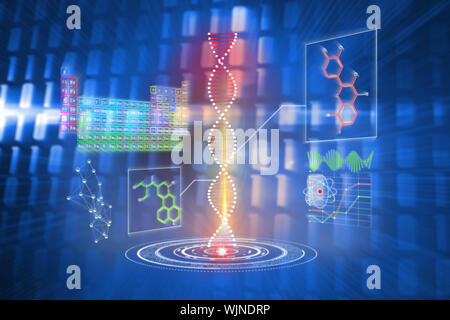 DNA helix interface against glowing squares on blue background Stock Photo