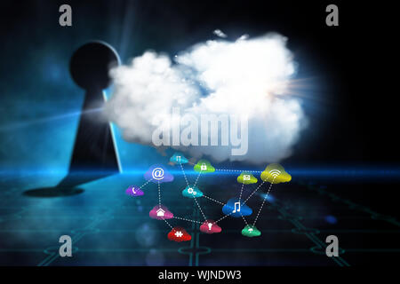 Cloud computing background against keyhole on technological black background Stock Photo