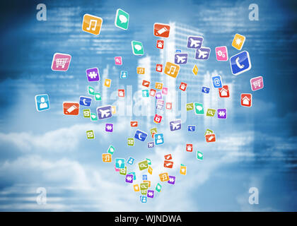 Colourful computer applications against holographic cityscape in clouds Stock Photo
