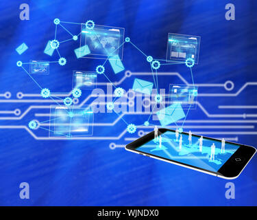 Data analysis interface background  against white circuit board on blue background Stock Photo