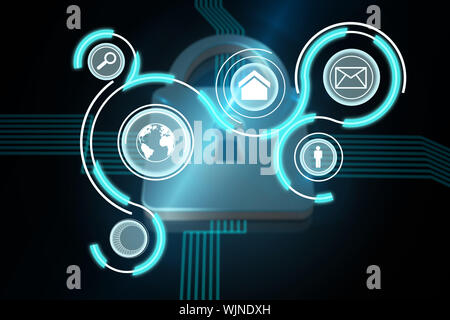 Computer applications  against shiny lock on black background Stock Photo