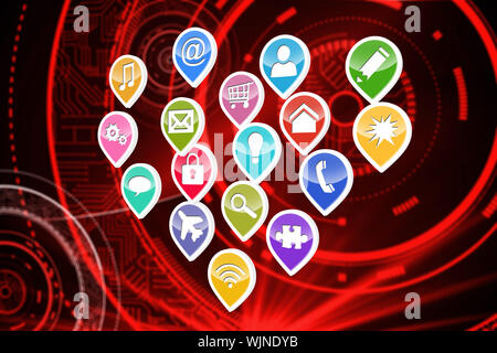 Colourful computer applications against shiny red circles on black background Stock Photo