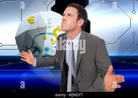 Businessman posing with hands out against doorway on technological background Stock Photo