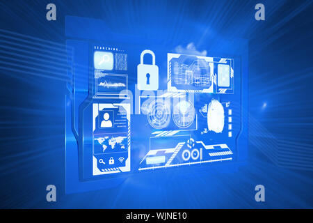 Security interface against shiny cogs on blue background Stock Photo