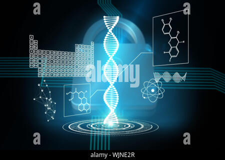 DNA helix interface against shiny lock on black background Stock Photo