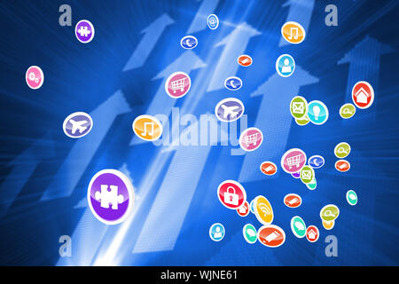 Colourful computer applications against futuristic shiny arrow pointing upwards Stock Photo