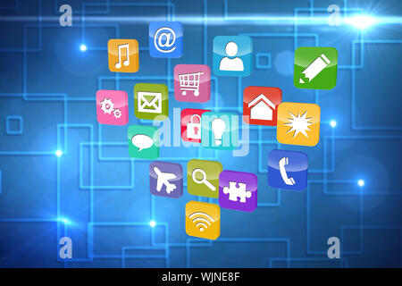 Colourful computer applications against black background with shiny squares Stock Photo