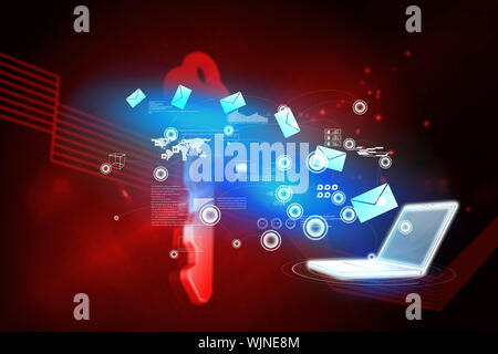 Email communication background against shiny red key on black background Stock Photo