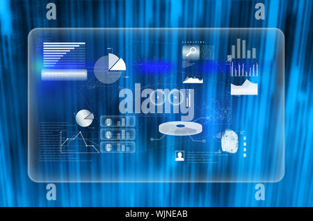 Abstract technology interface against futuristic blue black background Stock Photo