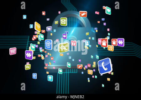 Colourful computer applications against shiny lock on black background Stock Photo