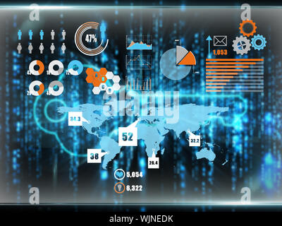 Business interface against glowing blue key on black background Stock Photo