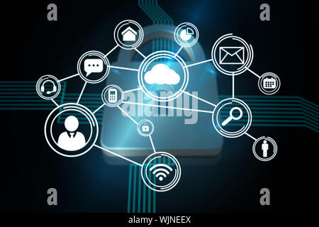 Technology interface against shiny lock on black background Stock Photo