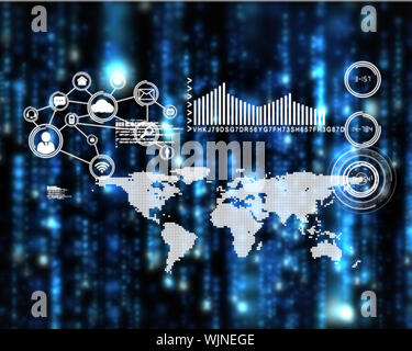 Technology interface against lines of blue blurred letters falling Stock Photo