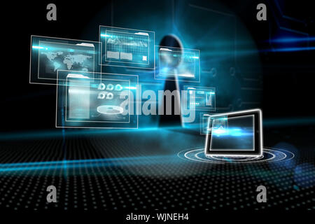 Business interfaces and tablet against keyhole on technological background Stock Photo