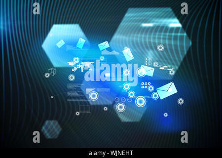 Email communication background against shiny hexagons on black background Stock Photo