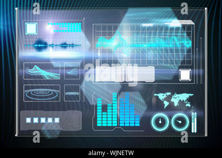Business interface against shiny hexagons on black background Stock Photo
