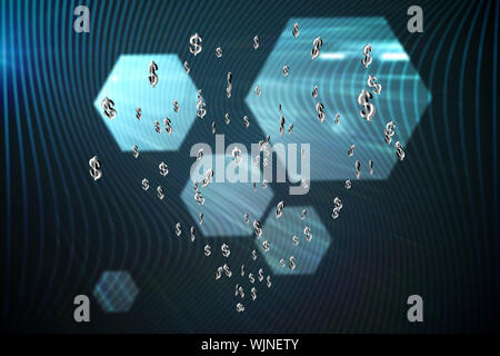 Currency icons against shiny hexagons on black background Stock Photo