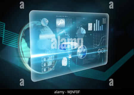 Business interface against shiny globe on black background Stock Photo