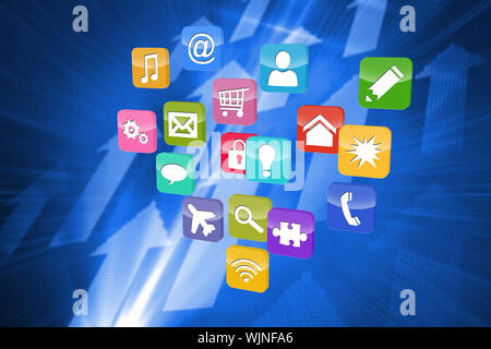 Colourful computer applications against futuristic shiny arrow pointing upwards Stock Photo